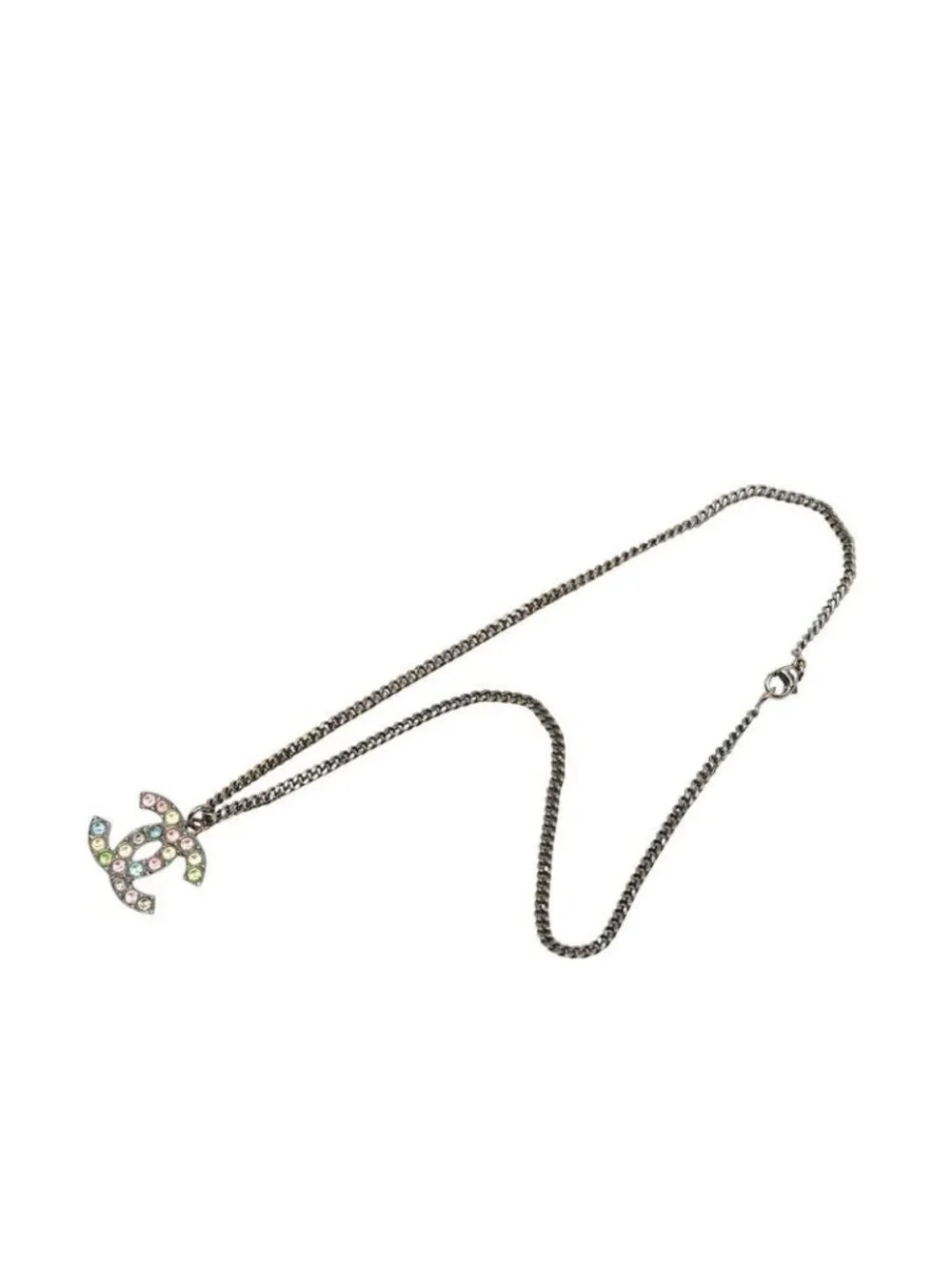 Chanel CC Logo Necklace Silver Metal Rhinestone